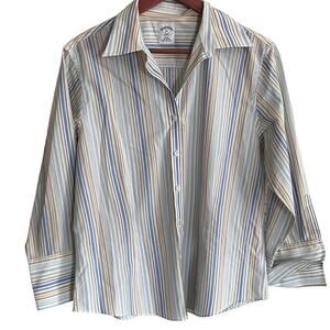 Brooks Brothers Stripe Button Down Shirt 14 L Blue White Tan Blouse Top Capsule